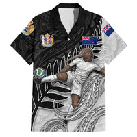 Personalized New Zealand Football Family Matching Puletasi and Hawaiian Shirt Kiwi Mascot with Silver Fern - Maori Tribal Tattoo Art TS04 Dad's Shirt - Short Sleeve Black White - Polynesian Pride