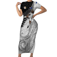 Personalized New Zealand Football Short Sleeve Bodycon Dress Kiwi Mascot with Silver Fern - Maori Tribal Tattoo Art