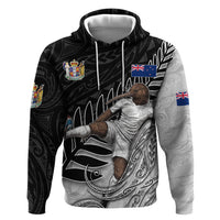Personalized New Zealand Football Zip Hoodie Kiwi Mascot with Silver Fern - Maori Tribal Tattoo Art TS04 Pullover Hoodie Black White - Polynesian Pride