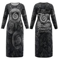 Hawaiian Piko Couples Matching Long Sleeve Bodycon Dress and Long Sleeve Button Shirt Cultural Anchor Connect Your Roots Ocean Waves