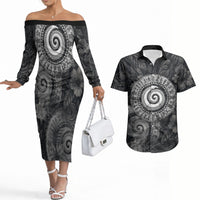 Hawaiian Piko Couples Matching Off The Shoulder Long Sleeve Dress and Hawaiian Shirt Cultural Anchor Connect Your Roots Ocean Waves