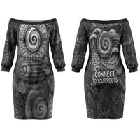 Hawaiian Piko Couples Matching Off The Shoulder Long Sleeve Dress and Hawaiian Shirt Cultural Anchor Connect Your Roots Ocean Waves
