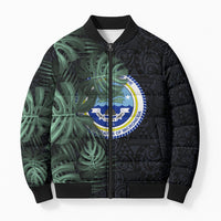 Federated States Of Micronesia Bomber Puffer Jacket FSM Tropical Monstera Leaf Dark Tribal Pattern
