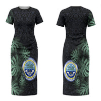 Federated States Of Micronesia Couples Matching Short Sleeve Bodycon Dress and Hawaiian Shirt FSM Tropical Monstera Leaf Dark Tribal Pattern