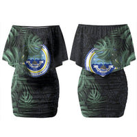 Federated States Of Micronesia Family Matching Off Shoulder Short Dress and Hawaiian Shirt FSM Tropical Monstera Leaf Dark Tribal Pattern