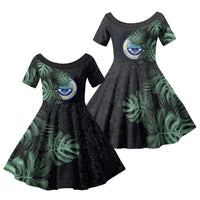 Federated States Of Micronesia Family Matching Tank Maxi Dress and Hawaiian Shirt FSM Tropical Monstera Leaf Dark Tribal Pattern