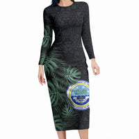 Federated States Of Micronesia Long Sleeve Bodycon Dress FSM Tropical Monstera Leaf Dark Tribal Pattern