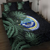 Federated States Of Micronesia Quilt Bed Set FSM Tropical Monstera Leaf Dark Tribal Pattern