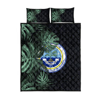 Federated States Of Micronesia Quilt Bed Set FSM Tropical Monstera Leaf Dark Tribal Pattern