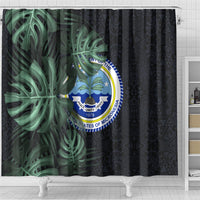 Federated States Of Micronesia Shower Curtain FSM Tropical Monstera Leaf Dark Tribal Pattern