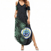 Federated States Of Micronesia Summer Maxi Dress FSM Tropical Monstera Leaf Dark Tribal Pattern