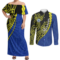 Federated States Of Micronesia FSM Couples Matching Off Shoulder Maxi Dress and Long Sleeve Button Shirt Pacific Islander Tribal Swirl Geometric Pattern