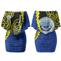 Federated States Of Micronesia FSM Couples Matching Off Shoulder Short Dress and Hawaiian Shirt Pacific Islander Tribal Swirl Geometric Pattern
