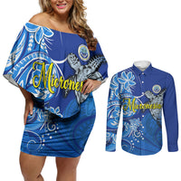 Micronesia Sea Turtle Couples Matching Off Shoulder Short Dress and Long Sleeve Button Shirt Federated States Of Micronesia Tribal Floral Pattern