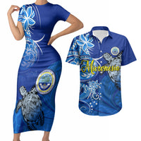 Micronesia Sea Turtle Couples Matching Short Sleeve Bodycon Dress and Hawaiian Shirt Federated States Of Micronesia Tribal Floral Pattern