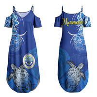 Micronesia Sea Turtle Couples Matching Summer Maxi Dress and Long Sleeve Button Shirt Federated States Of Micronesia Tribal Floral Pattern