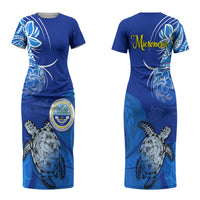 Micronesia Sea Turtle Family Matching Short Sleeve Bodycon Dress and Hawaiian Shirt Federated States Of Micronesia Tribal Floral Pattern