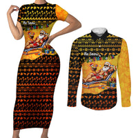 Tropical Christmas In July Santa Claus Couples Matching Short Sleeve Bodycon Dress and Long Sleeve Button Shirt Festive Hawaiian With Beach Reindeer Sleigh TS04 Orange Black - Polynesian Pride