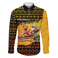 Tropical Christmas In July Santa Claus Family Matching Mermaid Dress and Hawaiian Shirt Festive Hawaiian With Beach Reindeer Sleigh TS04 Dad's Shirt - Long Sleeve Orange Black - Polynesian Pride