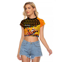 Tropical Christmas In July Santa Claus Raglan Cropped T Shirt Festive Hawaiian With Beach Reindeer Sleigh TS04 Female Orange Black - Polynesian Pride