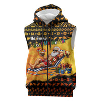 Tropical Christmas In July Santa Claus Sleeveless Zip Hoodie Festive Hawaiian With Beach Reindeer Sleigh TS04 Orange Black - Polynesian Pride