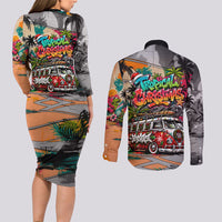 Tropical Christmas In July Candy Cane Surf Couples Matching Long Sleeve Bodycon Dress and Long Sleeve Button Shirt Vibrant Street Art Beach Graffiti Graphic TS04 - Polynesian Pride