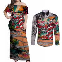 Tropical Christmas In July Candy Cane Surf Couples Matching Off Shoulder Maxi Dress and Long Sleeve Button Shirt Vibrant Street Art Beach Graffiti Graphic TS04 Orange Grey - Polynesian Pride