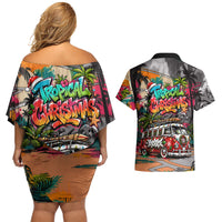 Tropical Christmas In July Candy Cane Surf Couples Matching Off Shoulder Short Dress and Hawaiian Shirt Vibrant Street Art Beach Graffiti Graphic TS04 - Polynesian Pride