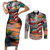 Tropical Christmas In July Candy Cane Surf Couples Matching Short Sleeve Bodycon Dress and Long Sleeve Button Shirt Vibrant Street Art Beach Graffiti Graphic TS04 Orange Grey - Polynesian Pride
