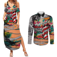 Tropical Christmas In July Candy Cane Surf Couples Matching Summer Maxi Dress and Long Sleeve Button Shirt Vibrant Street Art Beach Graffiti Graphic TS04 Orange Grey - Polynesian Pride