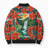 Fiji Taveuni Parrot Bomber Puffer Jacket Tropical Waterfall Landscape With Floral Tribal Pattern