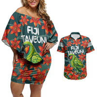 Fiji Taveuni Parrot Couples Matching Off Shoulder Short Dress and Hawaiian Shirt Tropical Waterfall Landscape With Floral Tribal Pattern