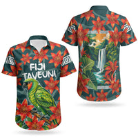 Fiji Taveuni Parrot Couples Matching Off The Shoulder Long Sleeve Dress and Hawaiian Shirt Tropical Waterfall Landscape With Floral Tribal Pattern