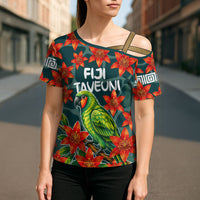 Fiji Taveuni Parrot Cross Shoulder Shirt Tropical Waterfall Landscape With Floral Tribal Pattern