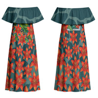 Fiji Taveuni Parrot Family Matching Off Shoulder Maxi Dress and Hawaiian Shirt Tropical Waterfall Landscape With Floral Tribal Pattern