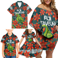 Fiji Taveuni Parrot Family Matching Off Shoulder Short Dress and Hawaiian Shirt Tropical Waterfall Landscape With Floral Tribal Pattern