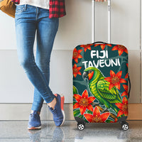 Fiji Taveuni Parrot Luggage Cover Tropical Waterfall Landscape With Floral Tribal Pattern