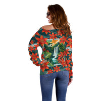 Fiji Taveuni Parrot Off Shoulder Sweater Tropical Waterfall Landscape With Floral Tribal Pattern