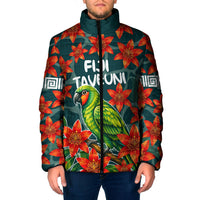 Fiji Taveuni Parrot Padded Jacket Tropical Waterfall Landscape With Floral Tribal Pattern