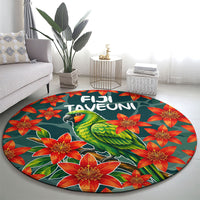 Fiji Taveuni Parrot Round Carpet Tropical Waterfall Landscape With Floral Tribal Pattern