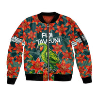 Fiji Taveuni Parrot Sleeve Zip Bomber Jacket Tropical Waterfall Landscape With Floral Tribal Pattern