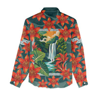 Fiji Taveuni Parrot Women Casual Shirt Tropical Waterfall Landscape With Floral Tribal Pattern