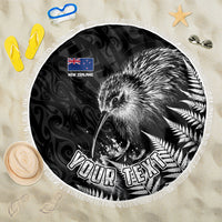 Personalized New Zealand Kiwi Bird Beach Blanket Grunge Maori Tribal Pattern Silver Fern