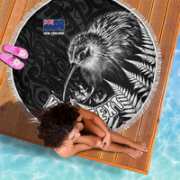 Personalized New Zealand Kiwi Bird Beach Blanket Grunge Maori Tribal Pattern Silver Fern