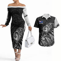 Personalized New Zealand Kiwi Bird Couples Matching Off The Shoulder Long Sleeve Dress and Hawaiian Shirt Grunge Maori Tribal Pattern Silver Fern