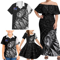 Personalized New Zealand Kiwi Bird Family Matching Off Shoulder Maxi Dress and Hawaiian Shirt Grunge Maori Tribal Pattern Silver Fern