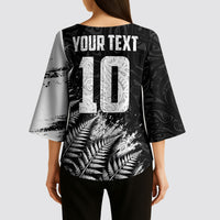 Personalized New Zealand Kiwi Bird Kimono Sleeve Blouse Grunge Maori Tribal Pattern Silver Fern