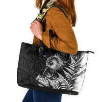 Personalized New Zealand Kiwi Bird Leather Tote Bag Grunge Maori Tribal Pattern Silver Fern