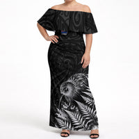 Personalized New Zealand Kiwi Bird Off Shoulder Maxi Dress Grunge Maori Tribal Pattern Silver Fern