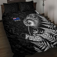 Personalized New Zealand Kiwi Bird Quilt Bed Set Grunge Maori Tribal Pattern Silver Fern
